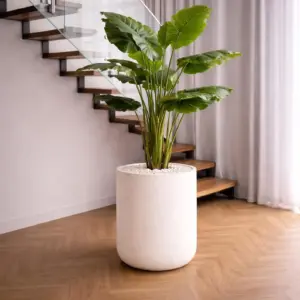 Large White Stone Planter with Artificial Elephant Ear Plant