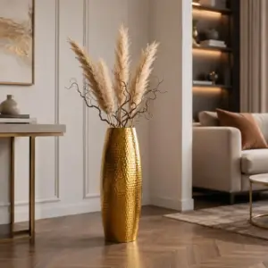 Large Gold Hammered Metal Floor Vase