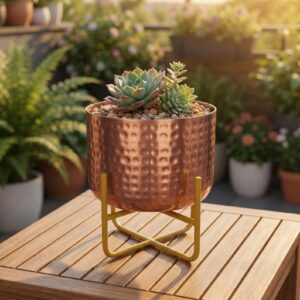 Hammered Copper Planter with Metal Stand