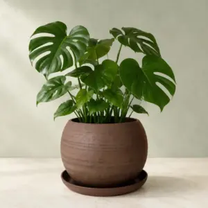 Large Brown Stoneware Planter with Saucer