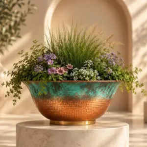Turquoise and Copper Hammered Bowl Planter