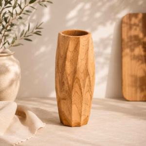 Handcrafted Faceted Teak Wood Vase