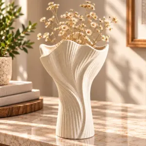 White Ribbed Shell Ceramic Vase